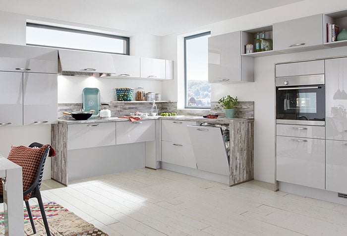 an affordable kitchen design, seen here in a Satin grey high gloss finish