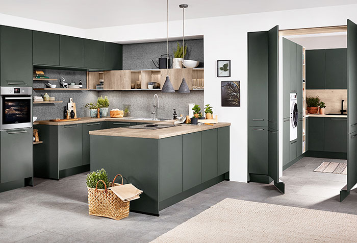 modern contemporary kitchen, shown in an ultra matt Mineral green finish