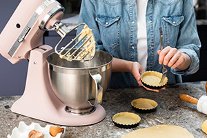 KitchenAid pink stand mixer, pastry making.
