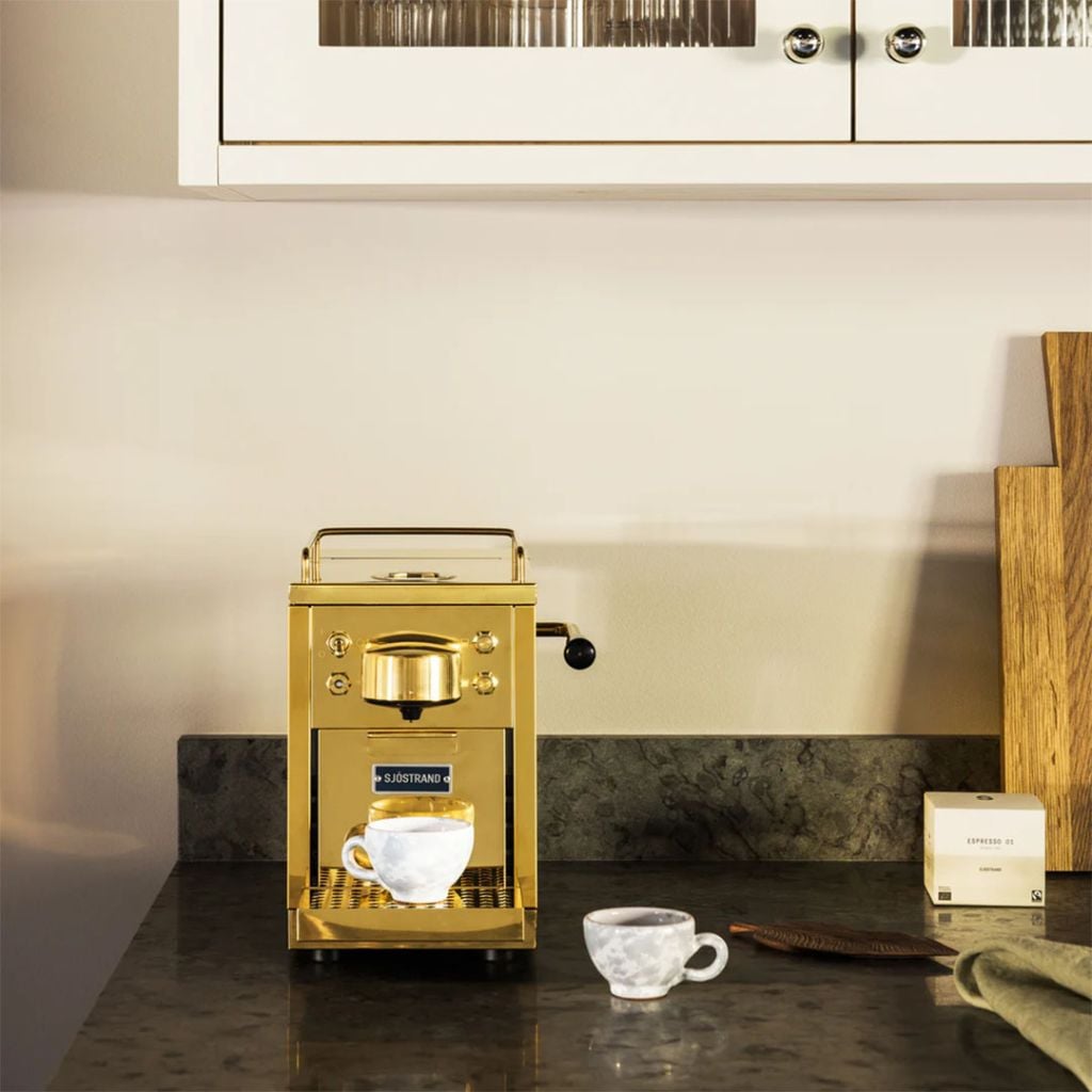 The Sjostrand Original, capsule coffee machine in elegant brass finish