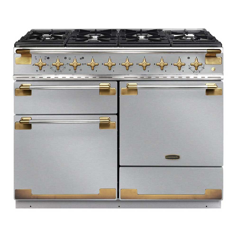 Rangemaster ELS110DFFSS/AB Elise Luxe 110 Dual Fuel Range - Stainless Steel with Antique Brass Handles